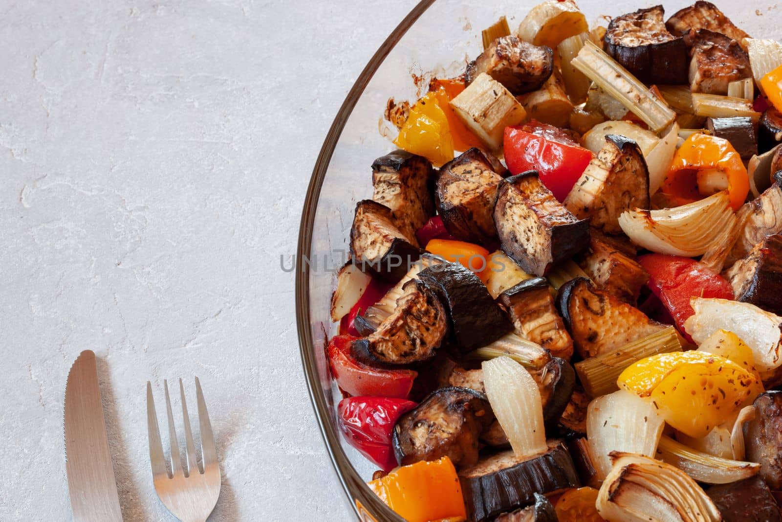 oven dish with baked vegetables, family size, top view, copy space