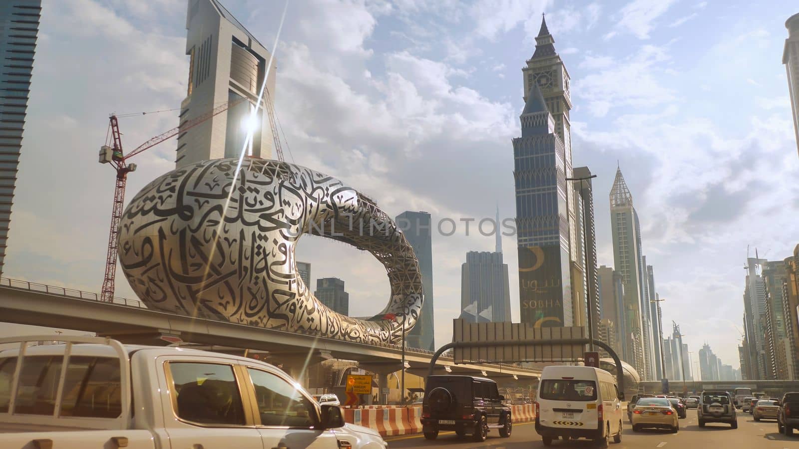 Traffic in Dubai overlooking the Museum of the Future