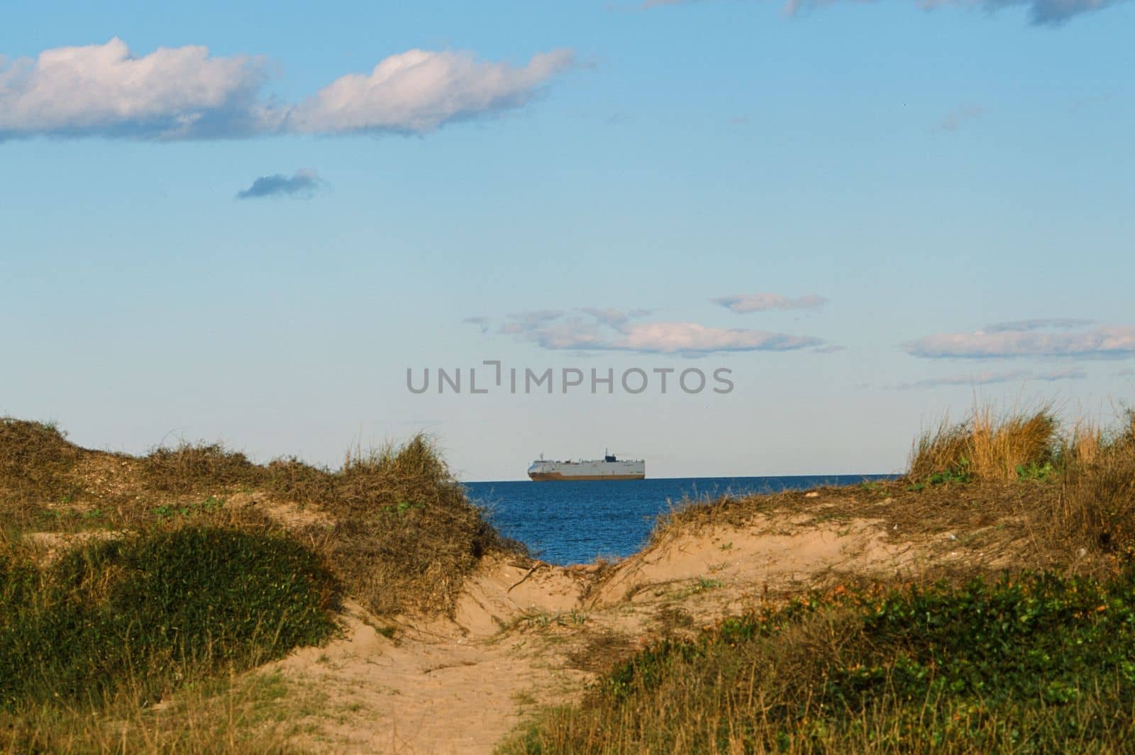 Scenic view of dunes coast with dry grass and sea under cloudy sky and a cargo ship in the middle of the frame