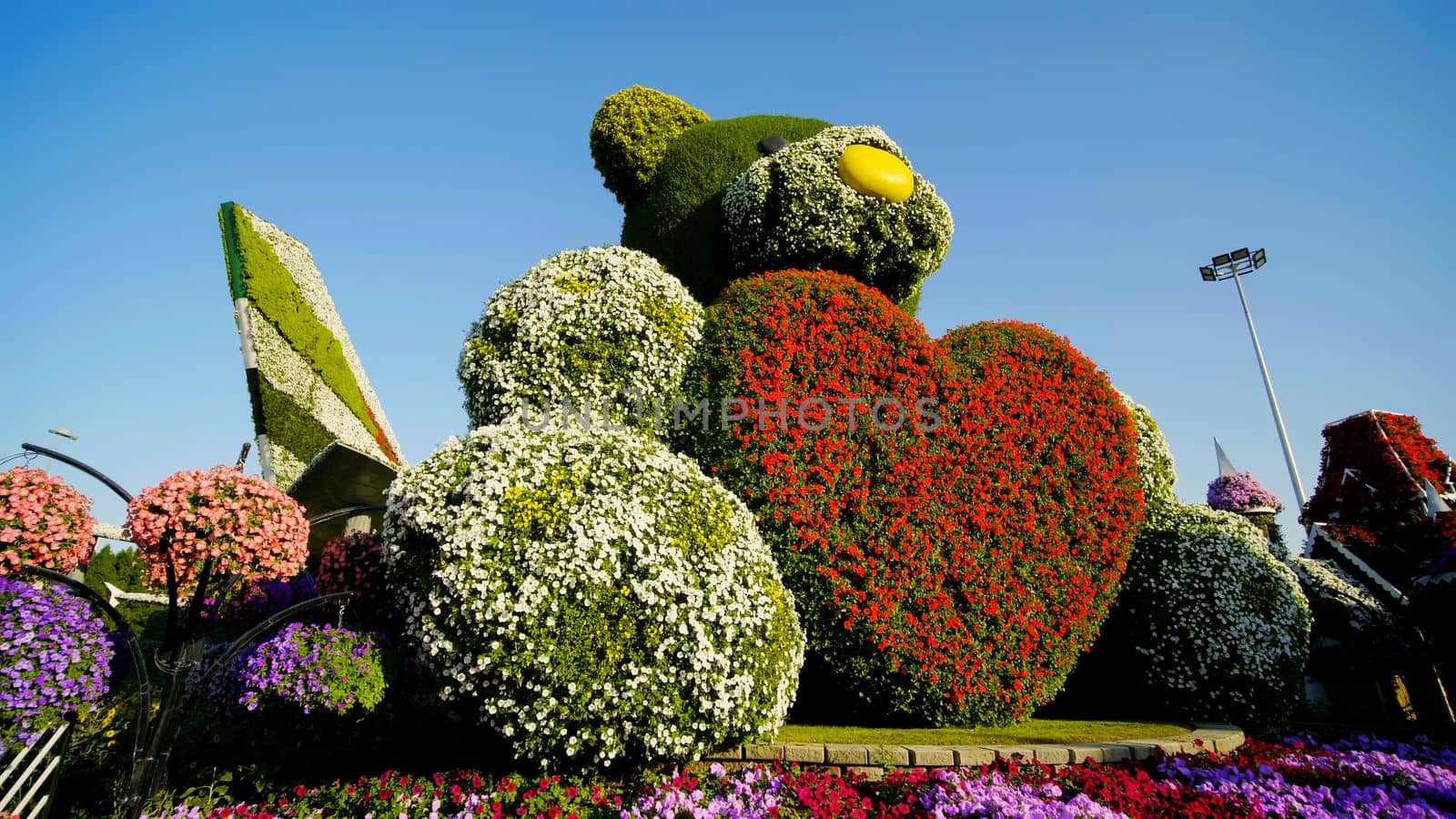 Teddy bear holds a big heart in his hands. Dubai Miracle Garden in the UAE. It has over 45 million flowers