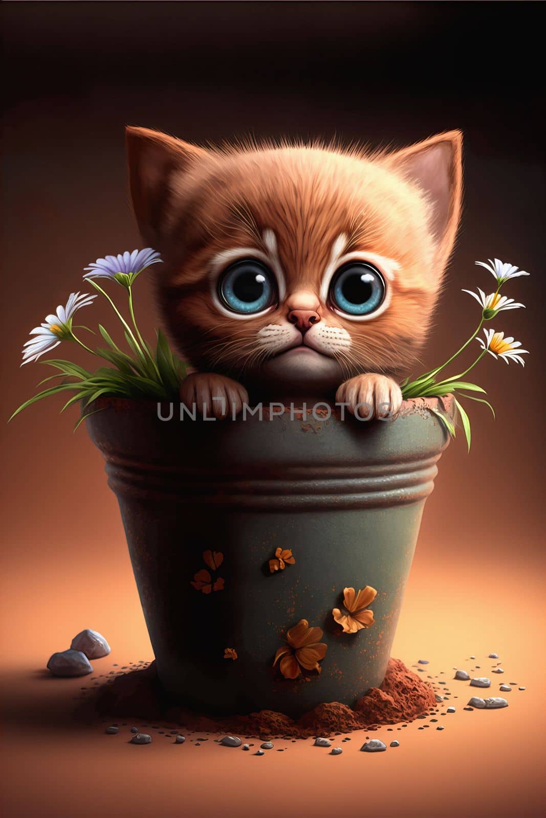 Cute baby kitten coming out of green pot. Illustration of small kitten sitting in a pot with a flowers. Download image