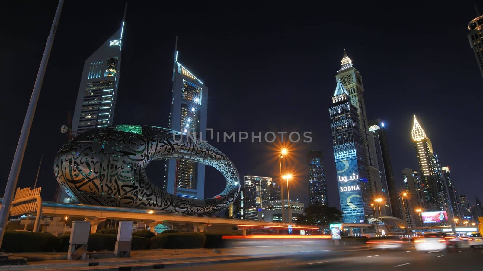 Night traffic on the central street of Sheikh Zayed in Dubai