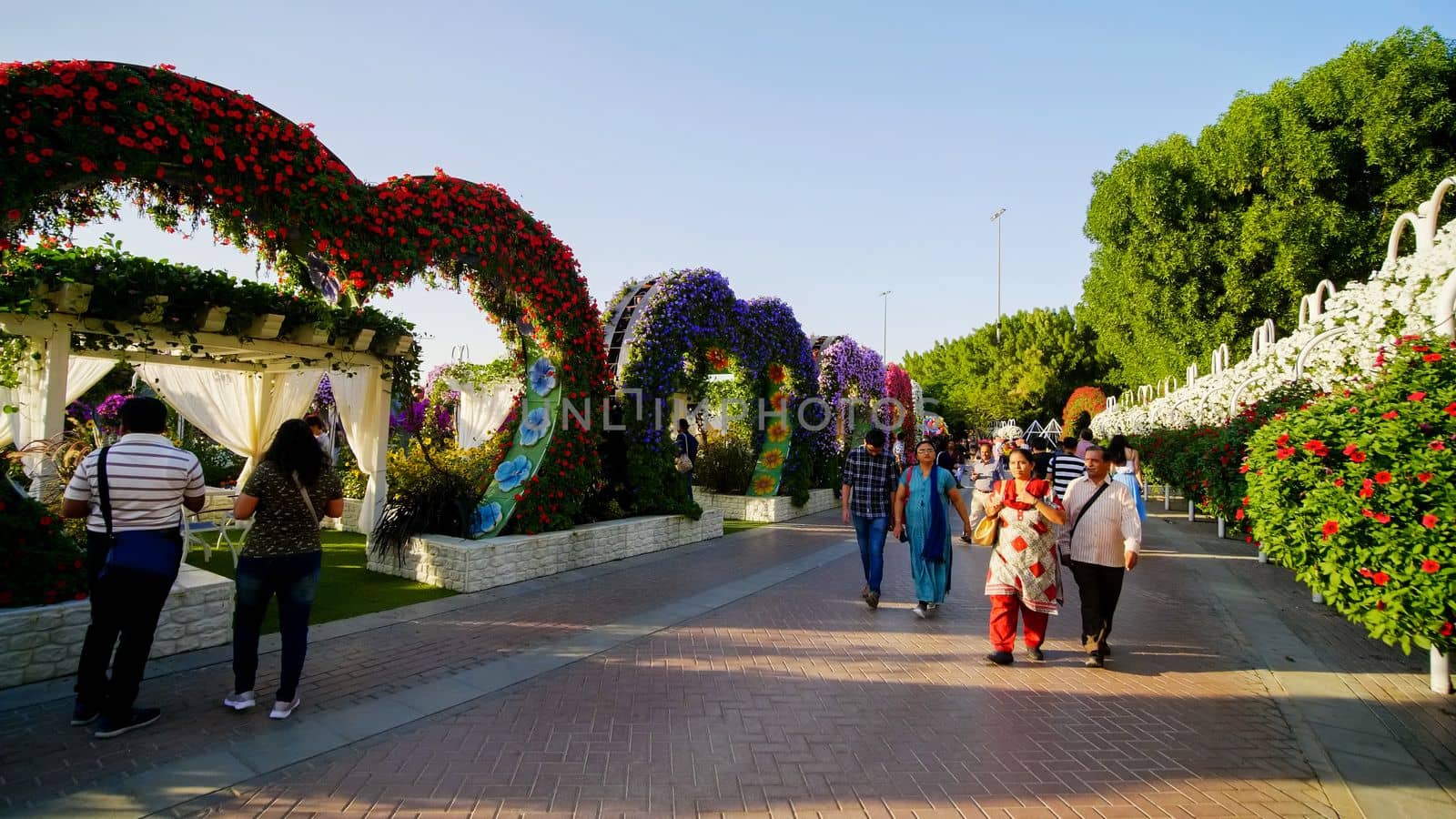Heart shaped flower beds at the Alley of Hearts. Dubai Miracle Garden is famous for its extraordinary flower installations. A couple of people walking around at the park.