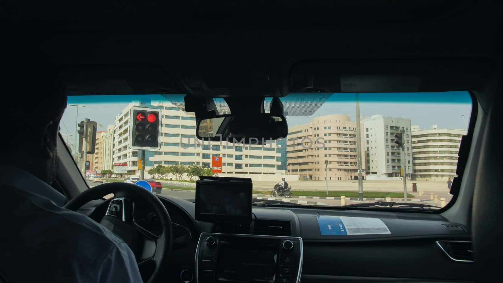 View from the cab of a car taxi to the streets of Dubai