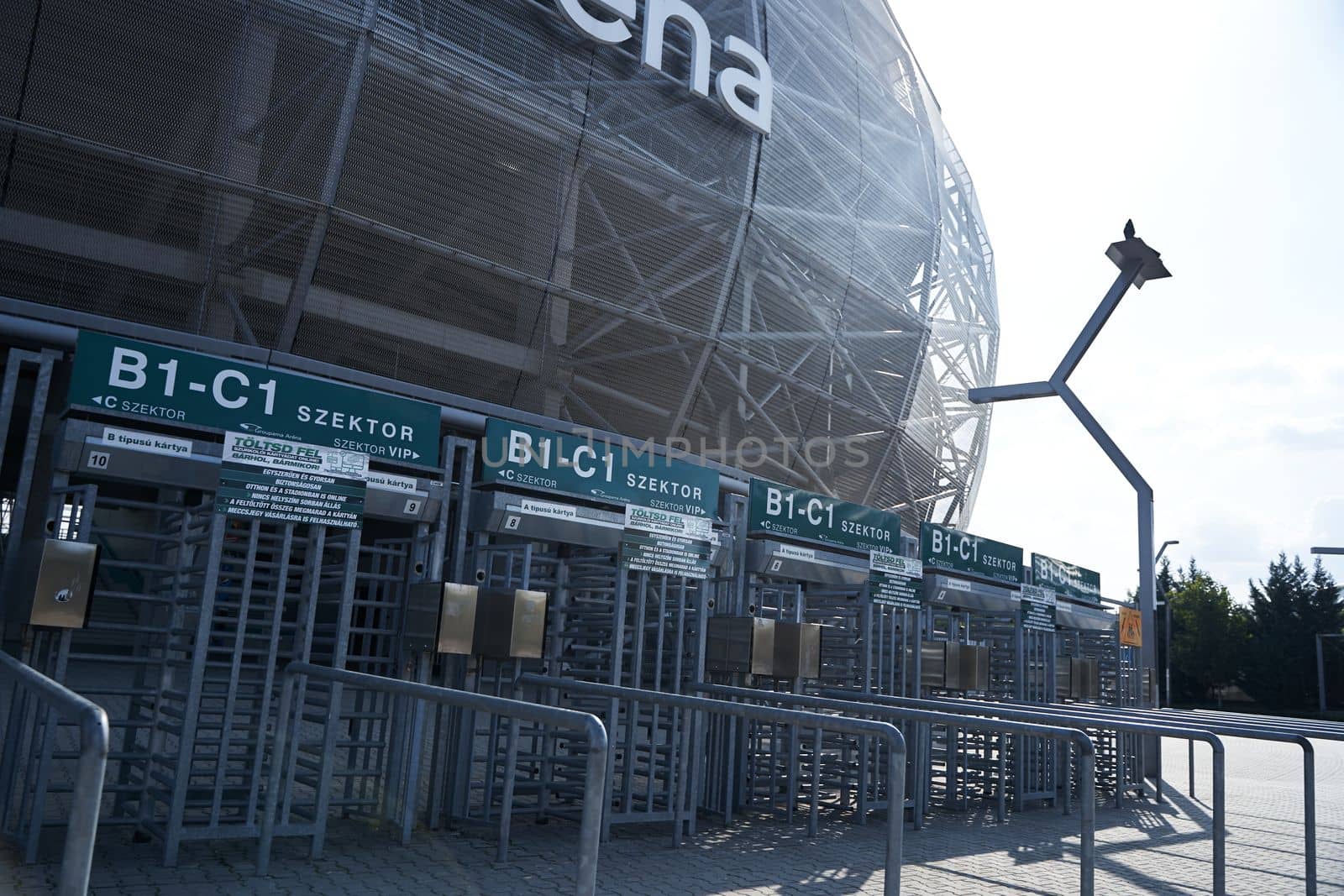 Groupama arena stadium in Budapest. The entrance gate to the stadium. Budapest, Hungary - 08.25.2022