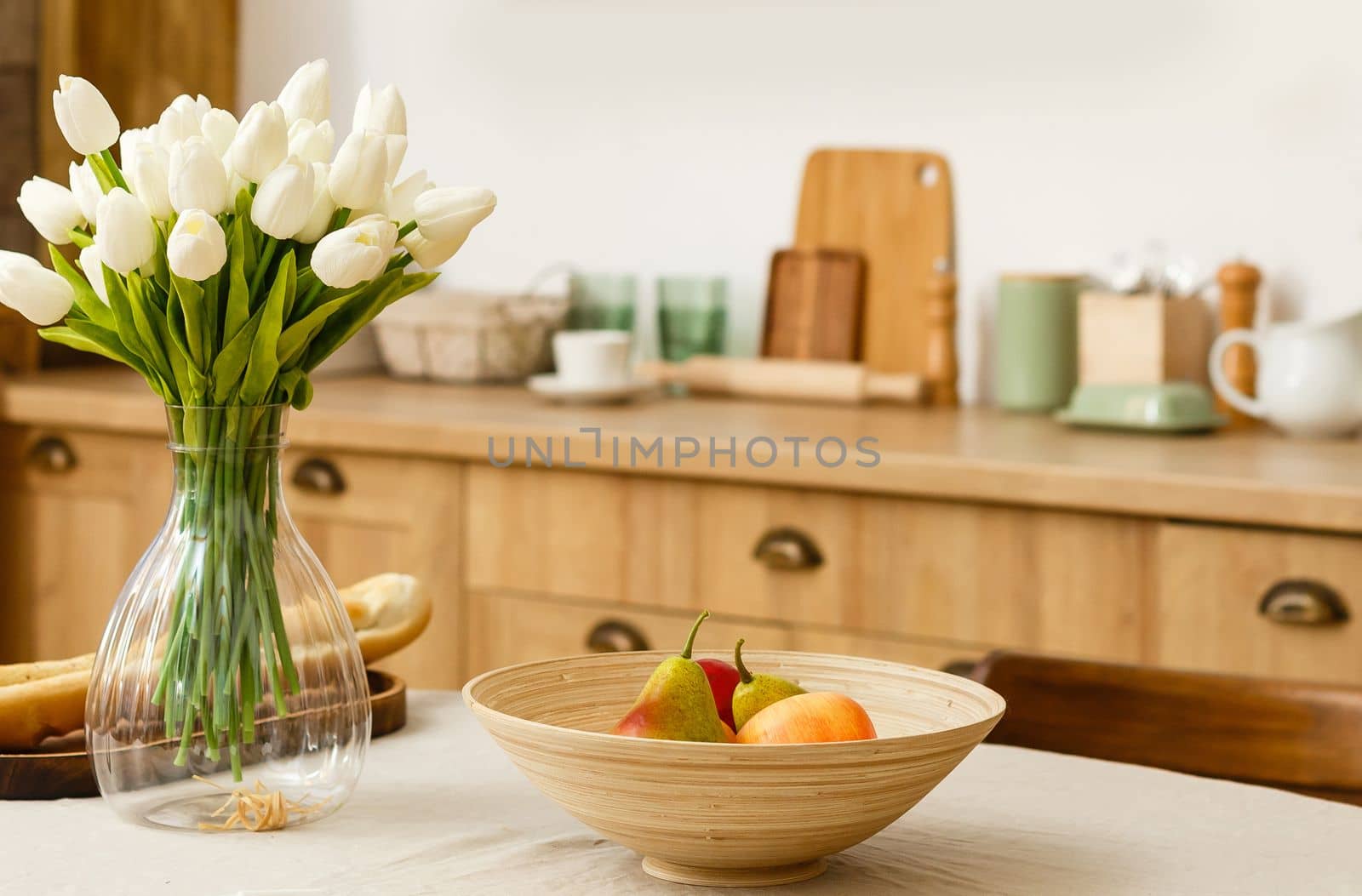 Wood table on blur kitchen room background