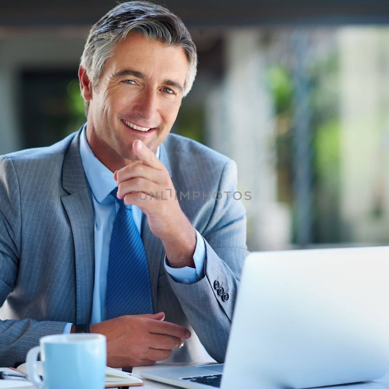 Smiling all the way to success. Cropped portrait of a handsome mature businessman looking confident while working on a laptop outdoors. by YuriArcurs