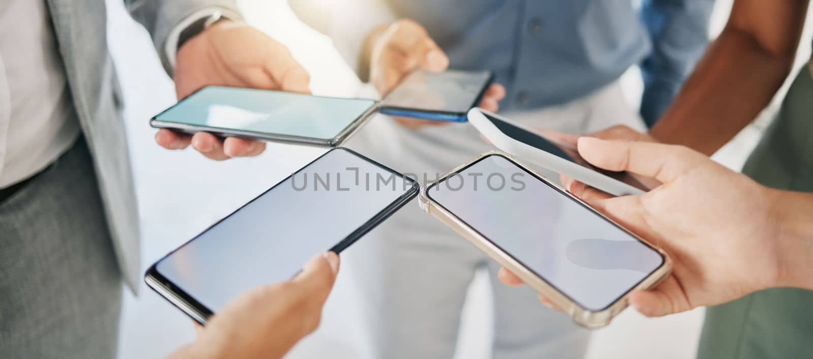 Mockup, business and closeup of smartphone, connection and social media. Screens, group and people with cellphones, typing and search internet with communication, online chatting and texting message.