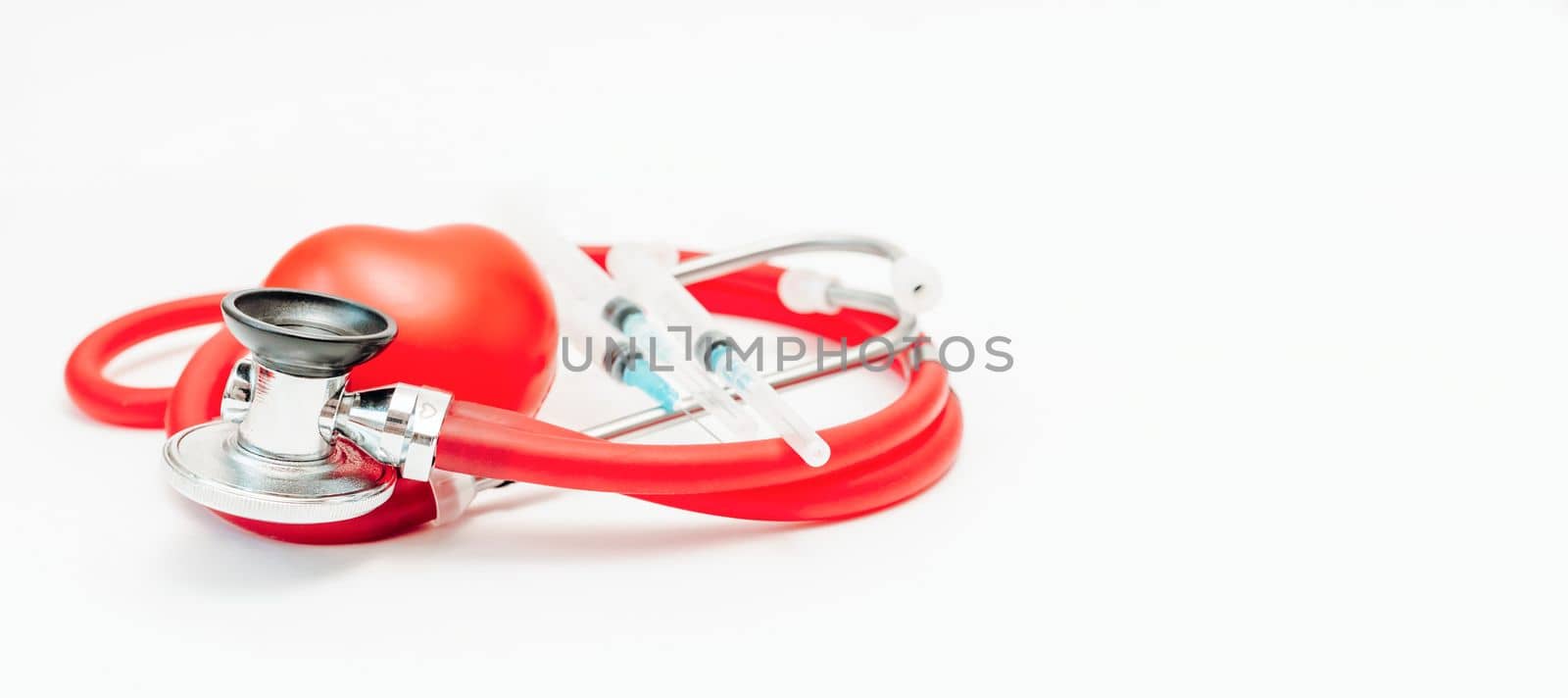 Heart stethoscope syringe baner. On white background, heart health, health insurance concept.