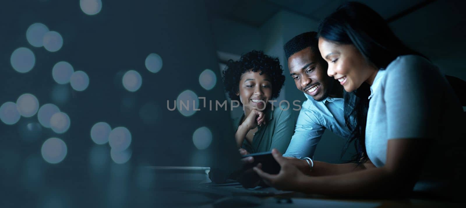 Collaboration, night and mockup with a business team working overtime together in their office in the evening. Teamwork, dark and dedication with a man and woman employee group at work in advertising by YuriArcurs