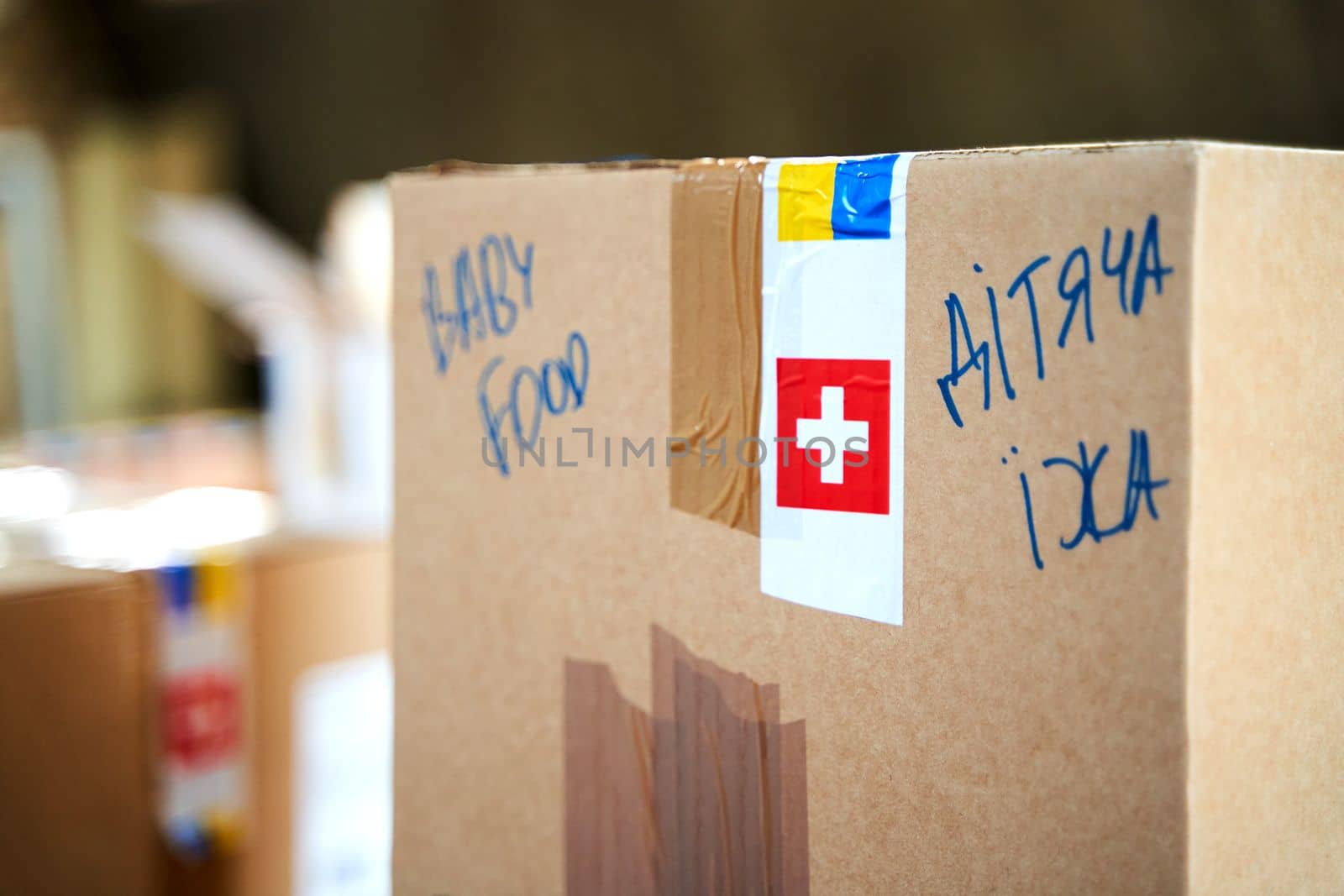 Boxes with humanitarian aid for Ukraine in volunteer centre warehouse.