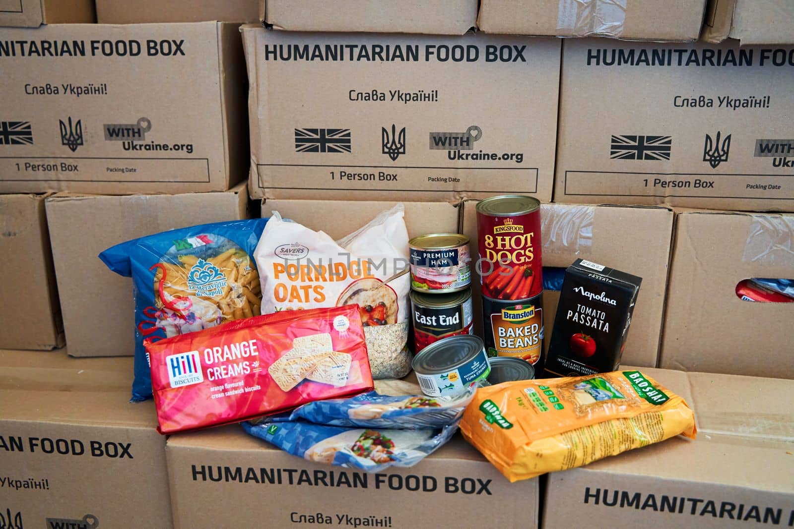 paper box with humanitarian aid to Ukraine from UK. Dnipro, Ukraine - 06.28.2022