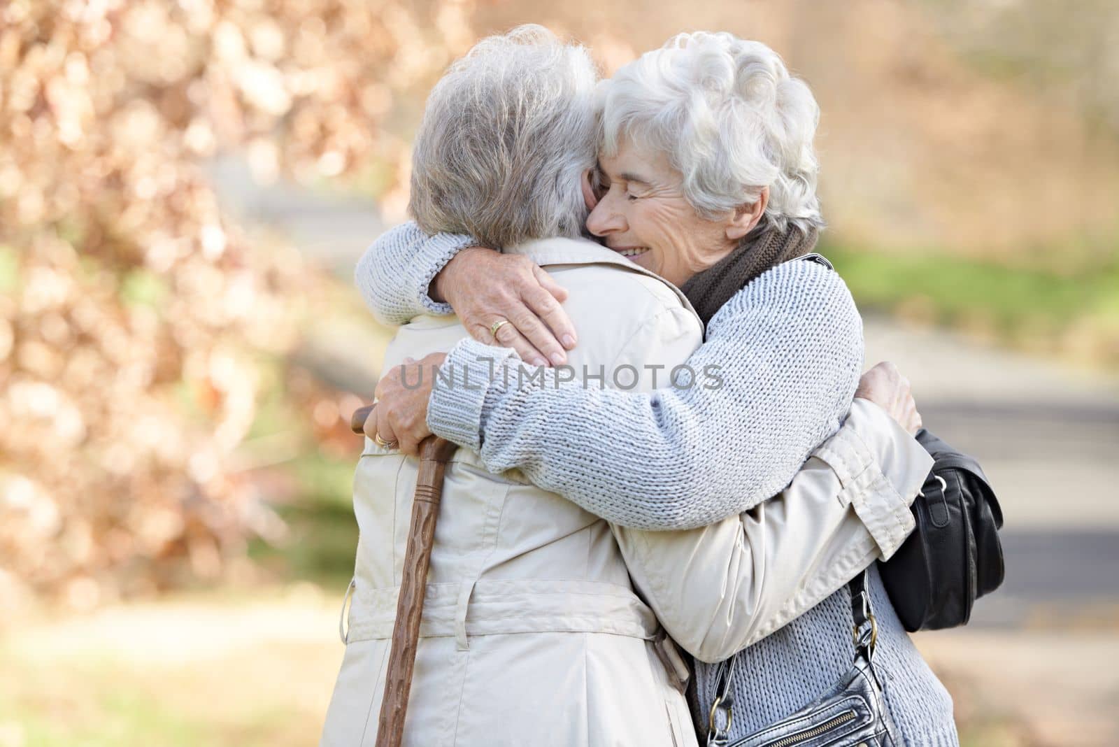 Enjoying the embrace and warmth of a loving friend. Two senior ladies embracing with autumn shaded trees in the background. by YuriArcurs