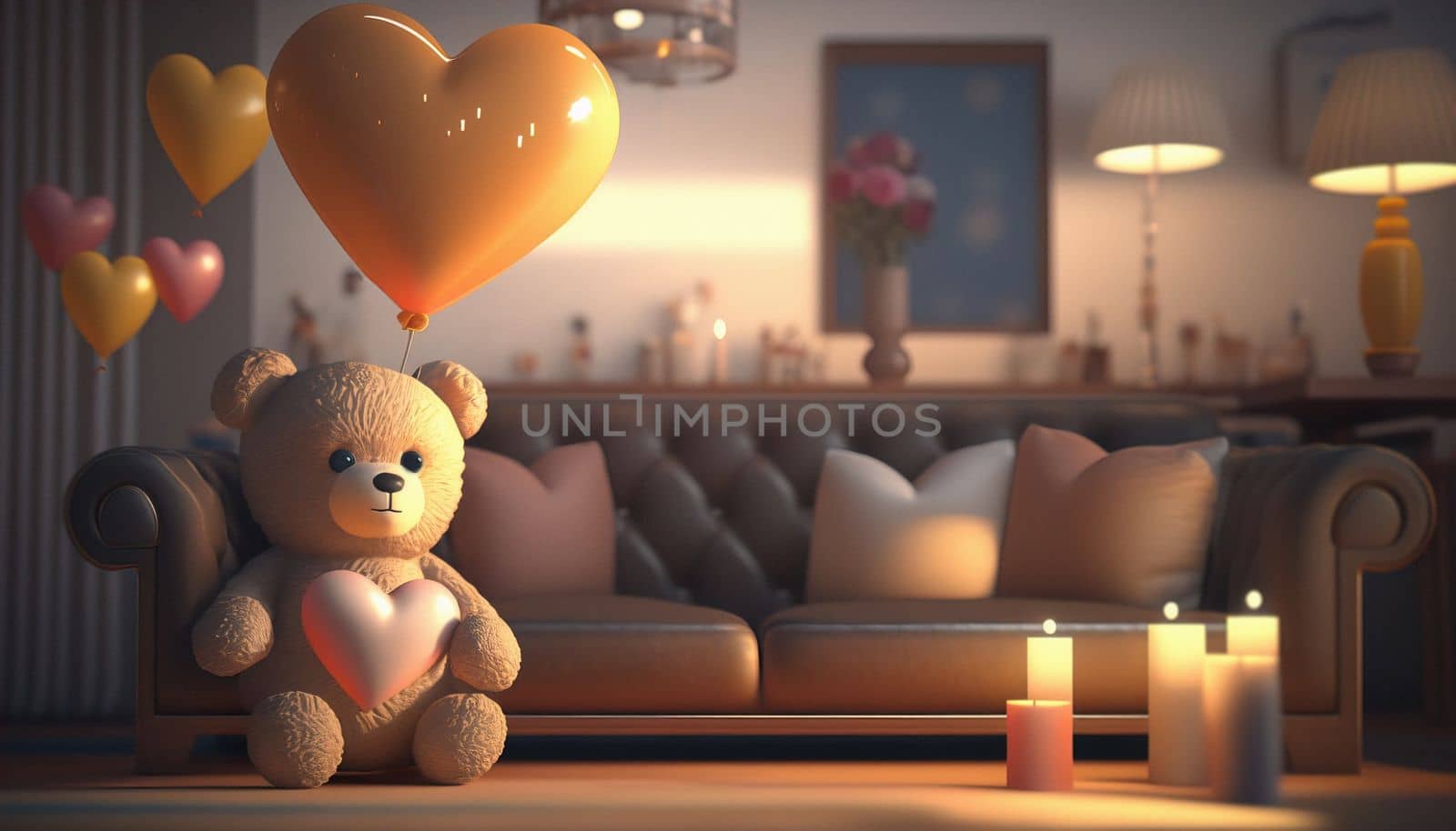 A photo of Teddy bear holding balloon heart sharp and candles, cozy living room background, 3D Rendering. Download image