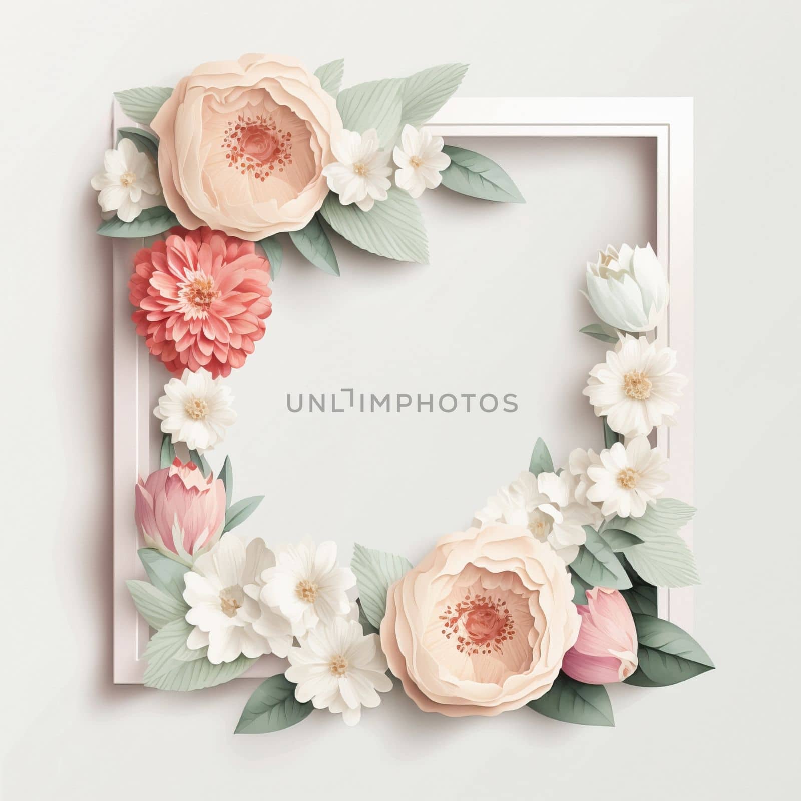 White frame floral, flower border on white background. Download image