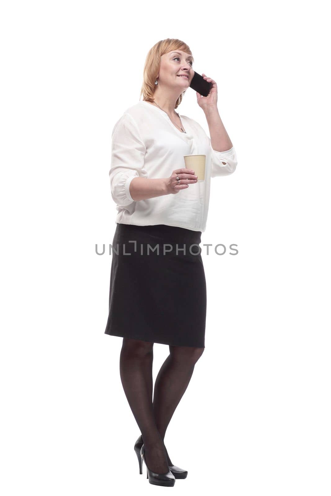 business woman with smartphone and coffee to take away. isolated on a white background.