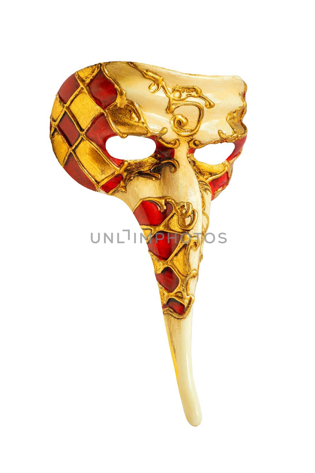 Venetian carnival face mask with a long nose isolated on white background.