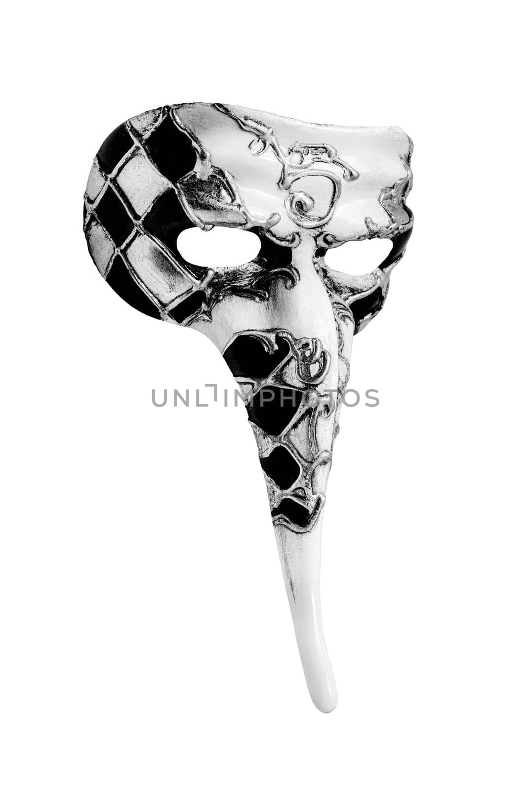 Venetian carnival face mask with a long nose black and white isolated on white background.