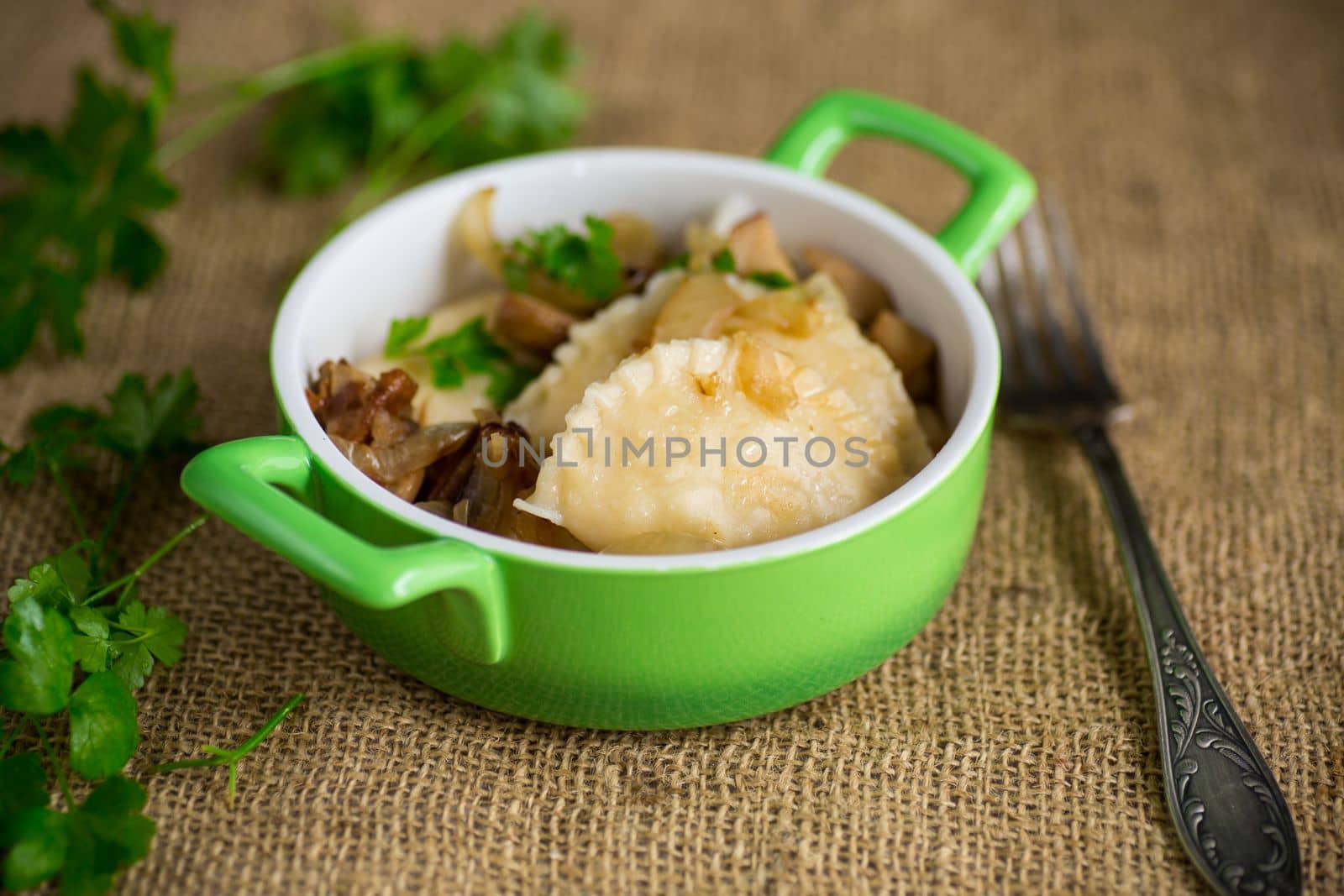 Potato dumplings with onion and mushrooms in a ceramic plate.