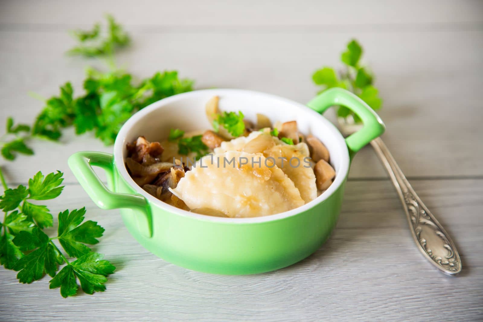 Potato dumplings with onion and mushrooms in a ceramic plate.