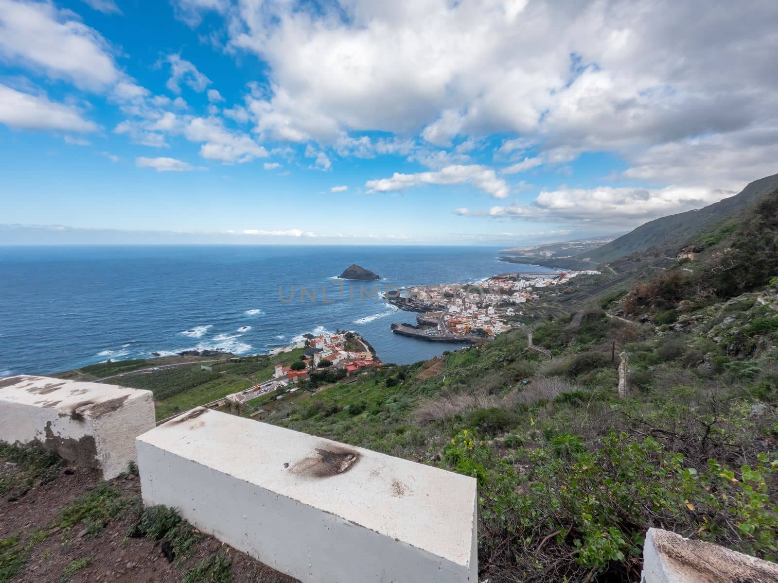 Top view of Garachico village from curved road in Tenerife