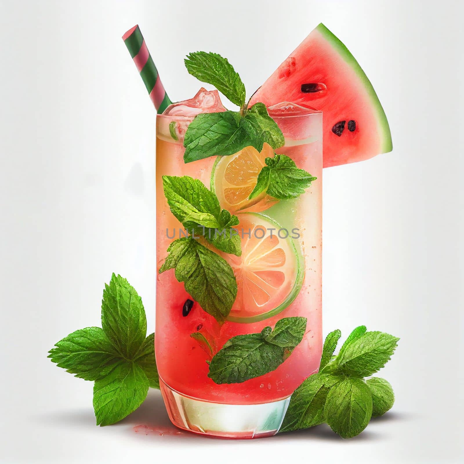 Realistic healthy watermelon cocktail with slices watermelon and mint by fireFLYart