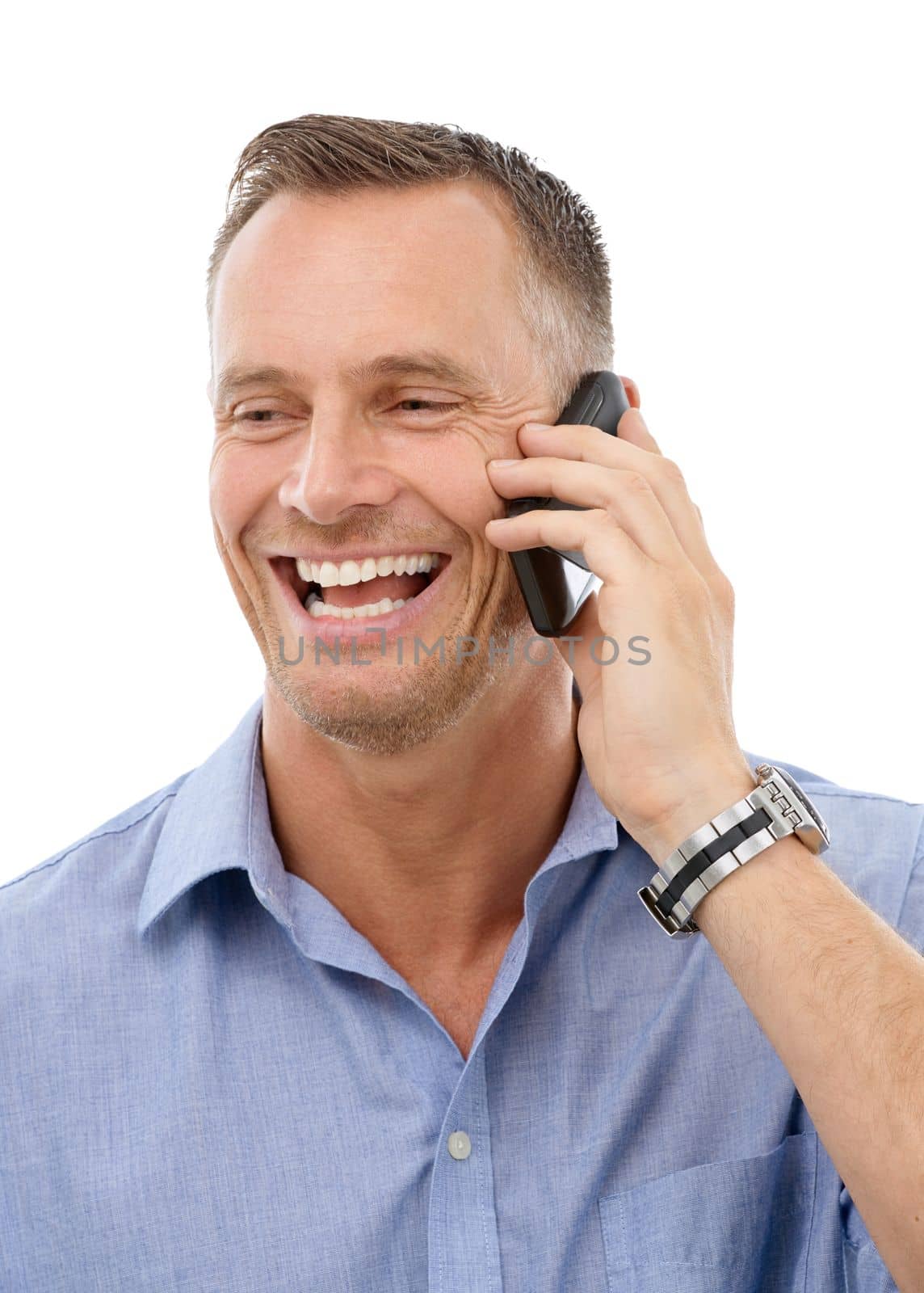 Phone call, contact and networking with a mature man in studio isolated on a white background. Mobile, talking and conversation with a handsome male on blank space for communication or chatting by YuriArcurs
