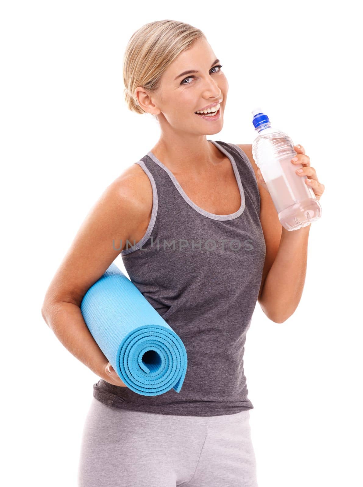 Yoga, mat and portrait of woman with water bottle for body care hydration, fitness exercise or pilates studio workout. Healthcare wellness, training and health girl drinking water on white background by YuriArcurs