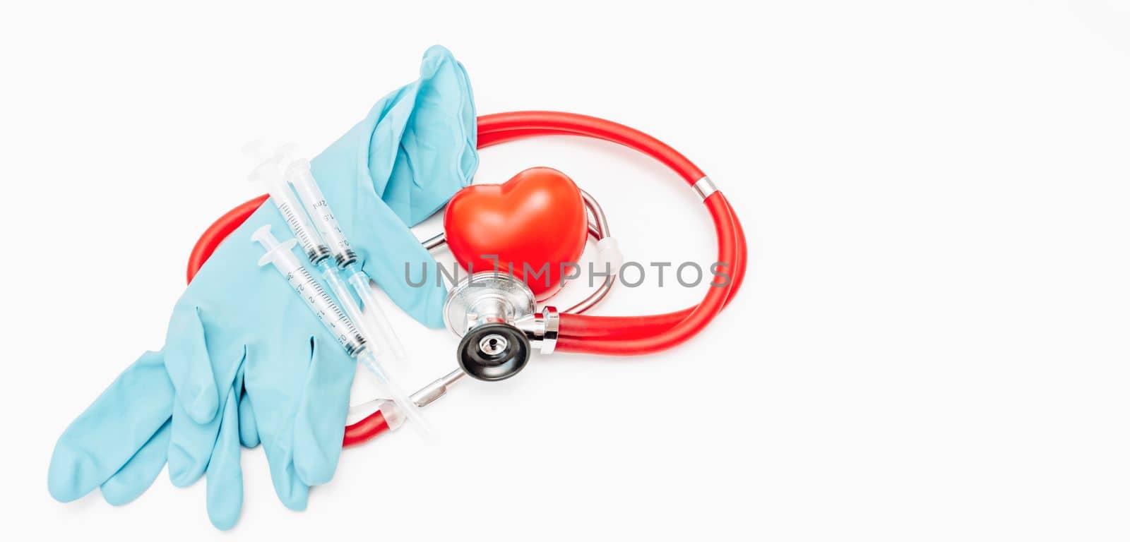 Heart stethoscope syringe baner. On white background, heart health, health insurance concept by Matiunina