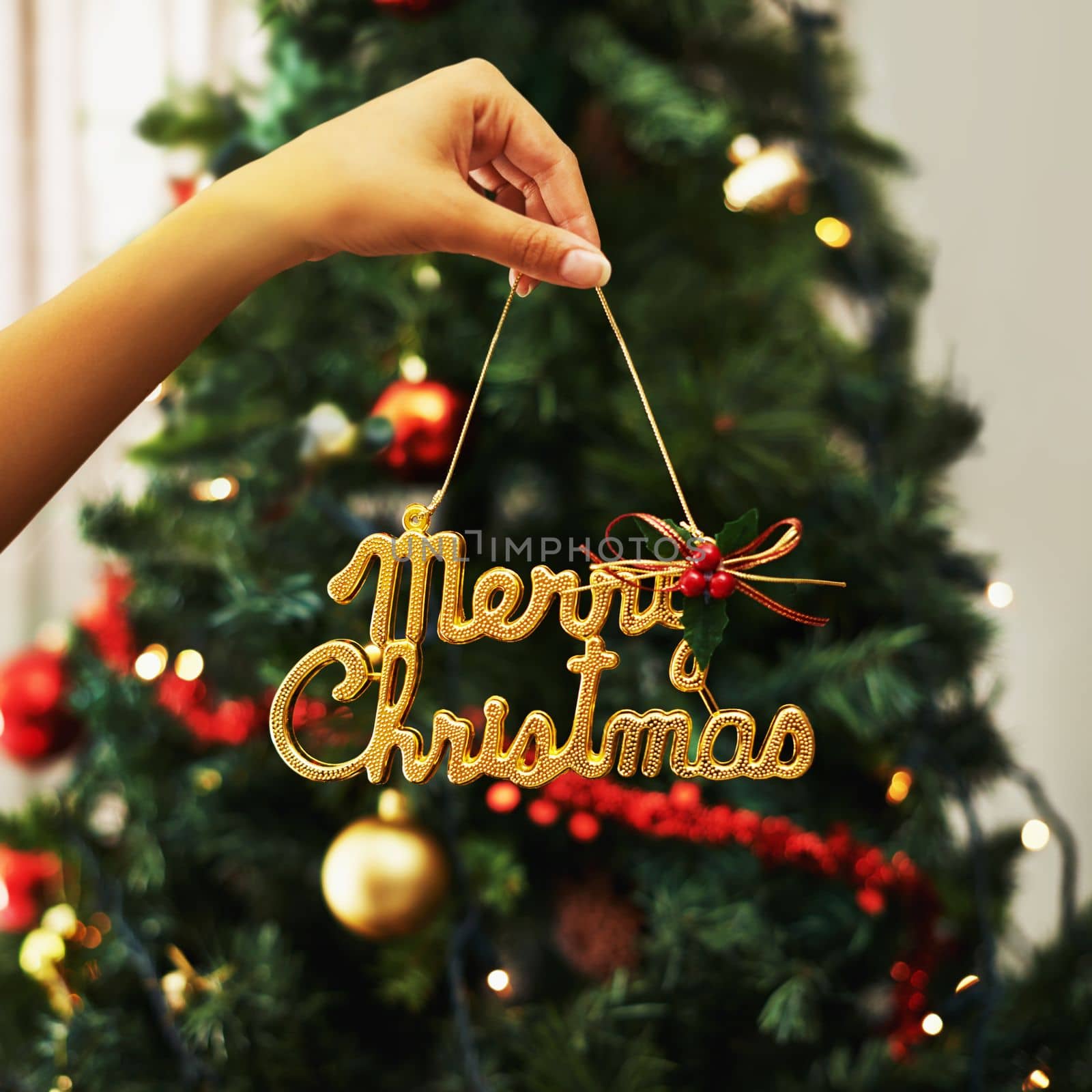 Woman hand and festive decoration, Christmas sign with tree in the background in home living room. Female Hands with icon, festive holiday, celebration and xmas decorations, creative and . gold.
