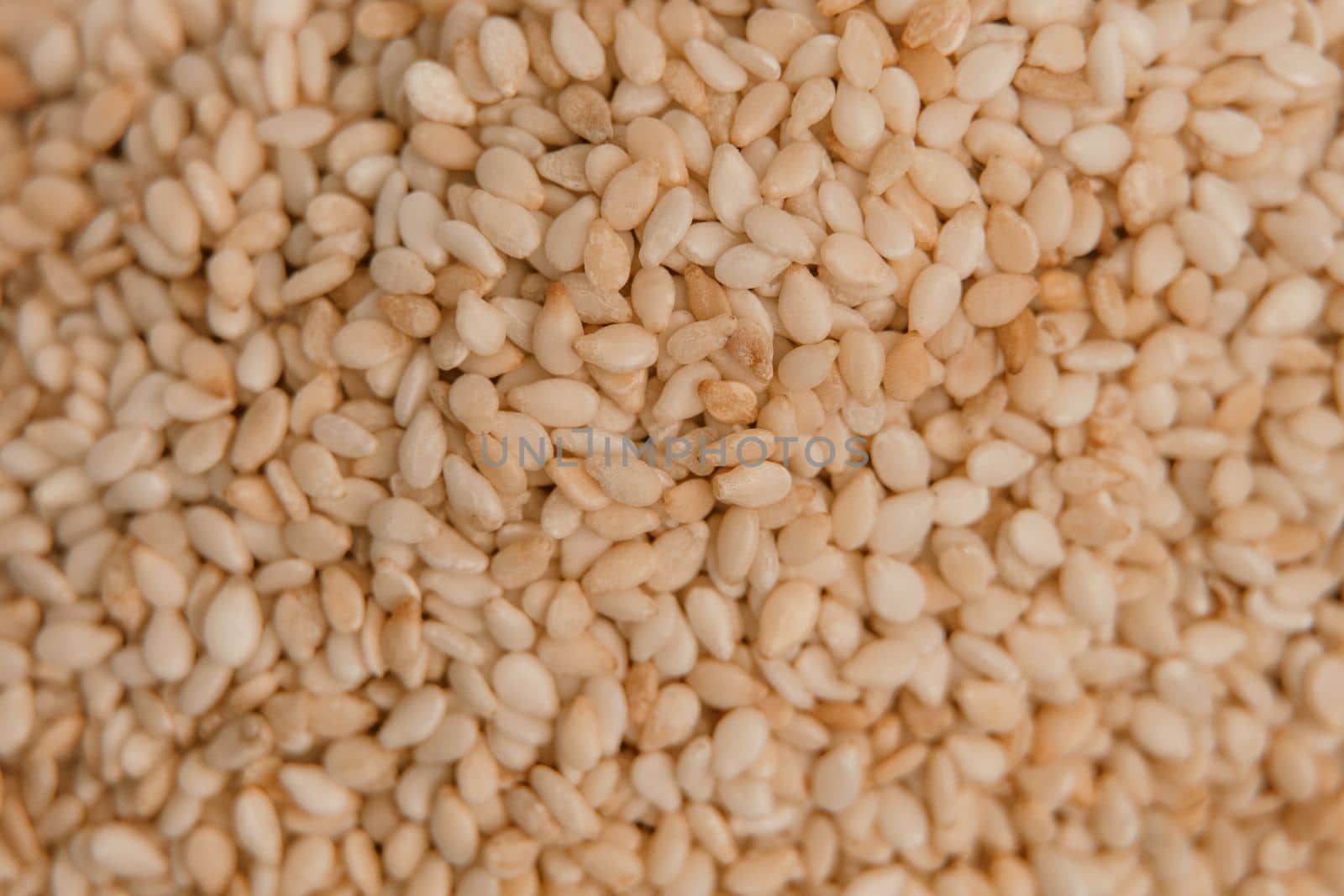 sesame seeds. Pile of white sesame seeds as background, top view by Matiunina