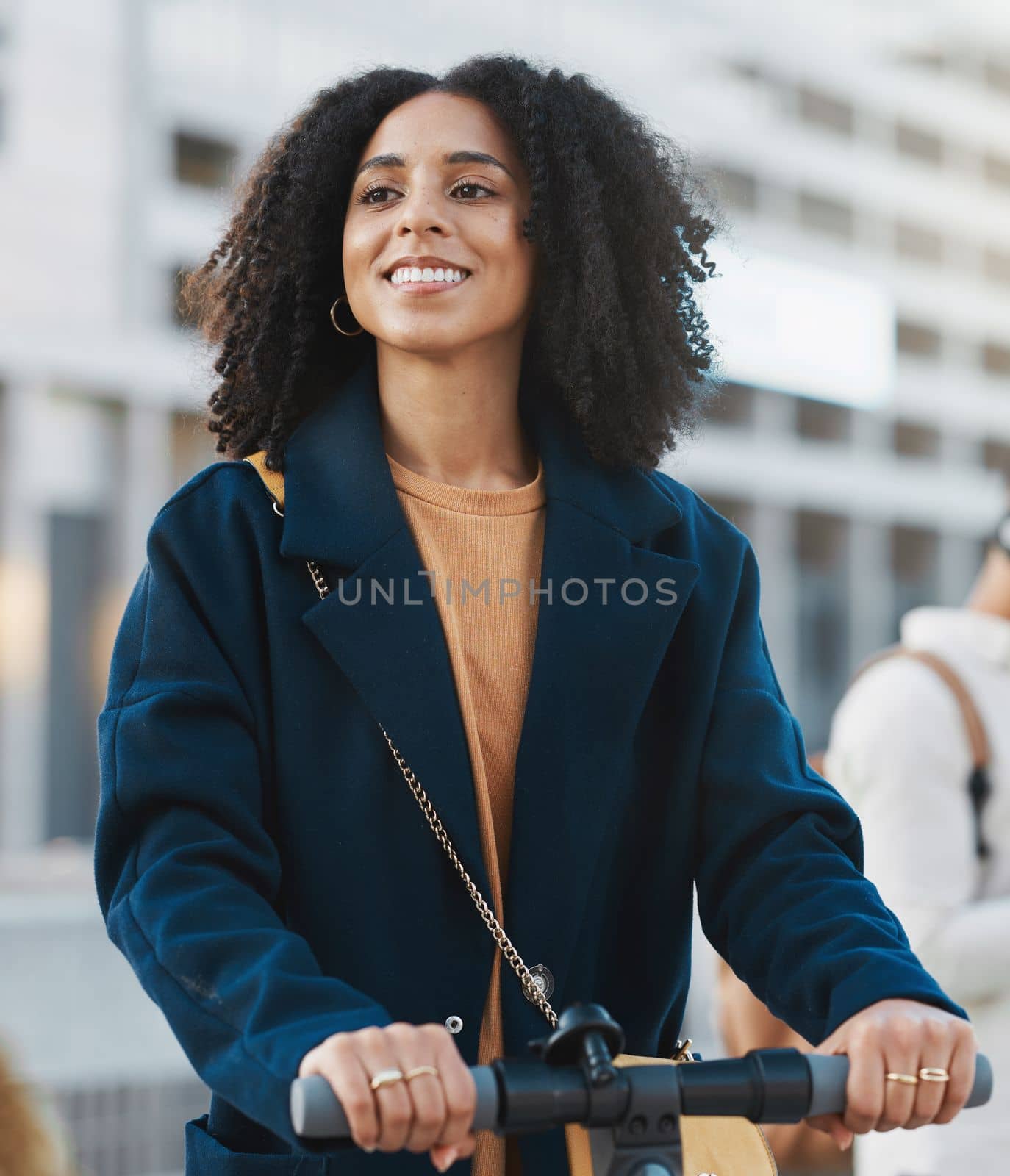 Black woman, scooter and city travel of a person with bicycle and urban eco friendly transportation. Happy young female on electric ride with smile ready for morning traveling to work with happiness.
