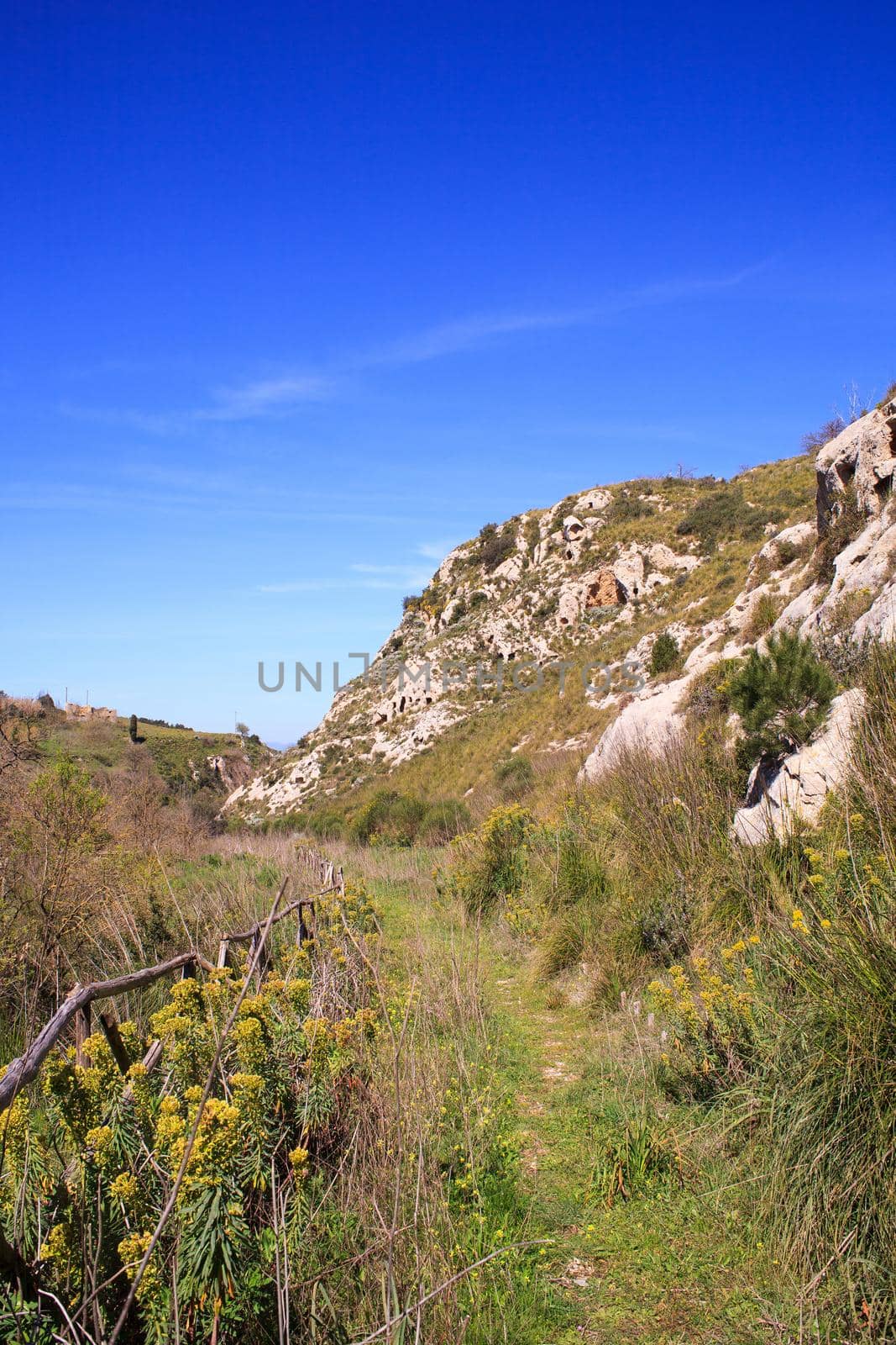 View of the Necropolis of Realmese. Necropoli Pantalicana is an achaeological park in Calascibetta, Sicily