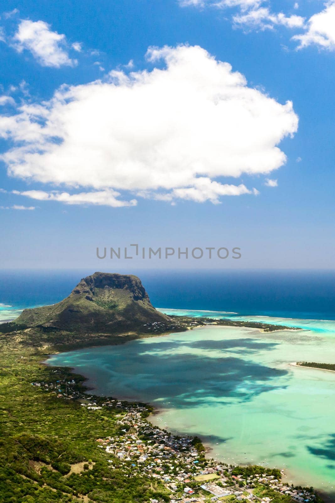 Bird's eye view of Mount Le Morne Brabant on the island of Mauritius.