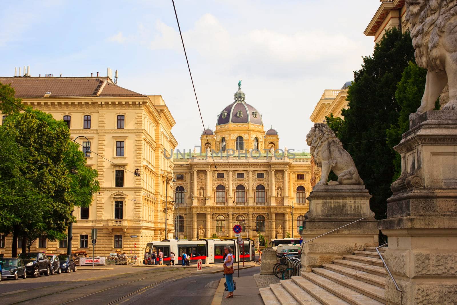 VIENNA, AUSTRIA - MAY, 22: Entrance of the Palace of Justice. In the background the Natural History Museum on May 22, 2018
