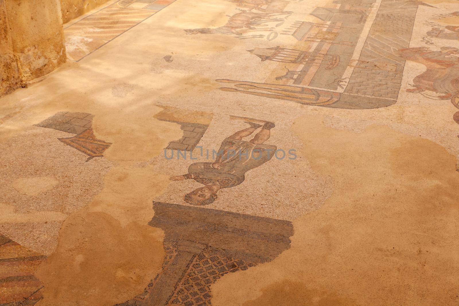 The Circus Maximus mosaic from the two-apse room in the villa’s bathing complex. Villa Romana del Casale, designated as a UNESCO World Heritage Site. Piazza Armerina, Italy