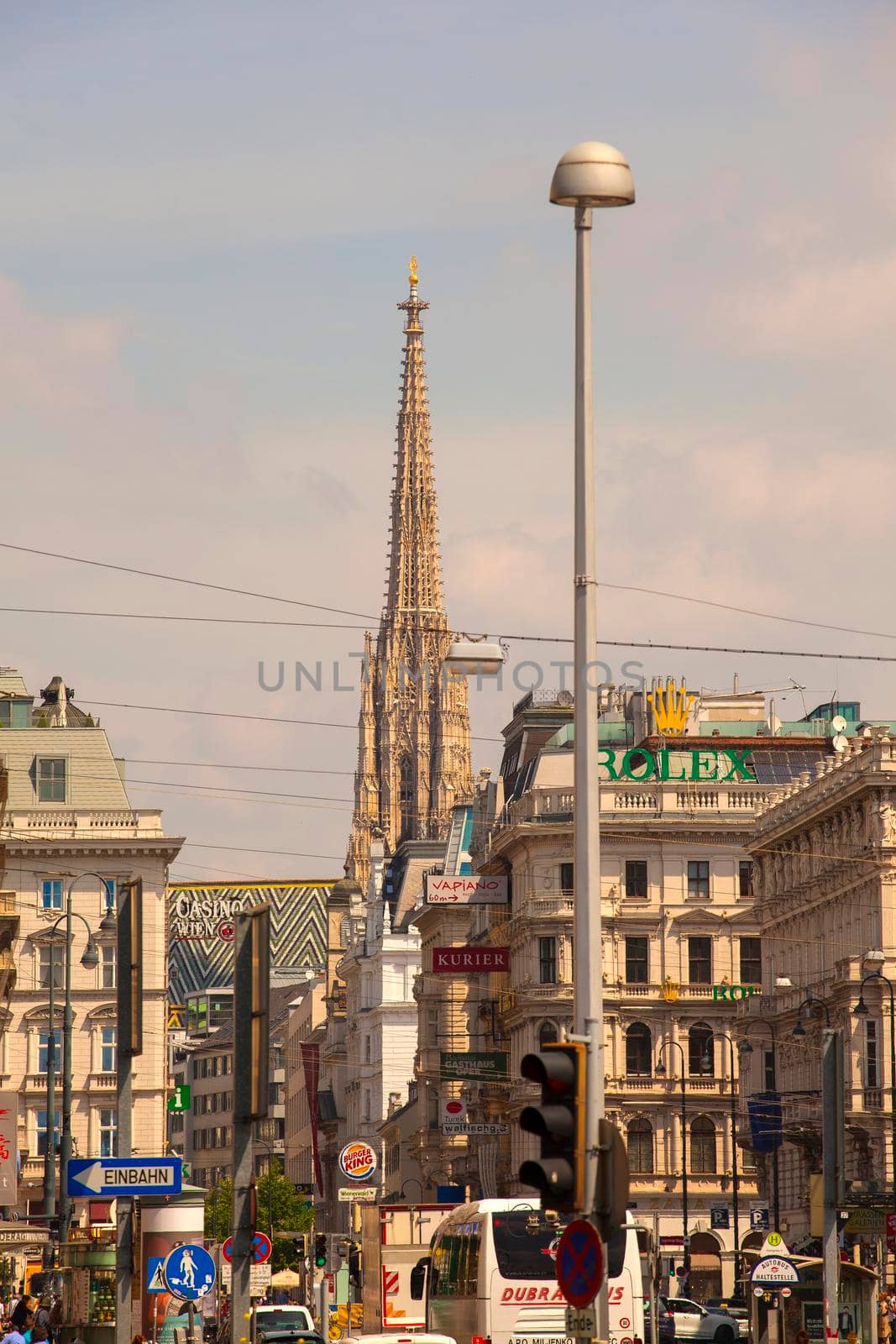 VIENNA, AUSTRIA - MAY, 22: high Bell Tower of St. Stephen's Cathedral in Vienna on May 22, 2018