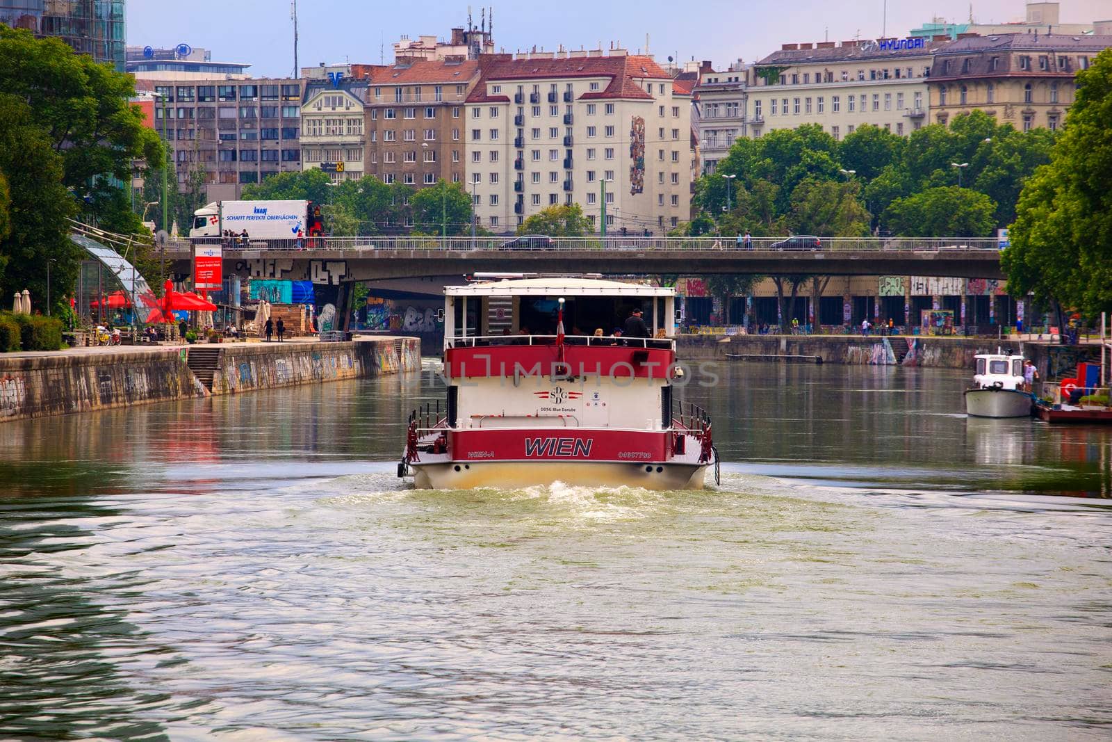 VIENNA, AUSTRIA - MAY, 22: View of Excursion boat on Donaukanal river on May 22, 2018