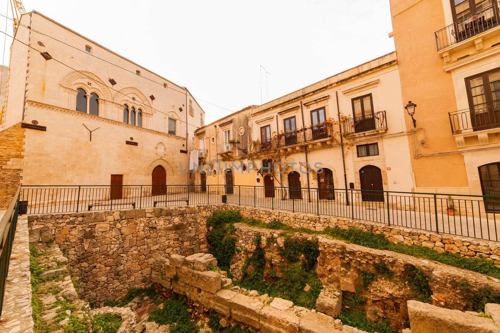 Magna Grecia ruins near Palazzo Montalto, also known as Palazzo Mergulese-Montalto, is a late 14th-century palace on the island of Ortigia in Syracuse, Sicily