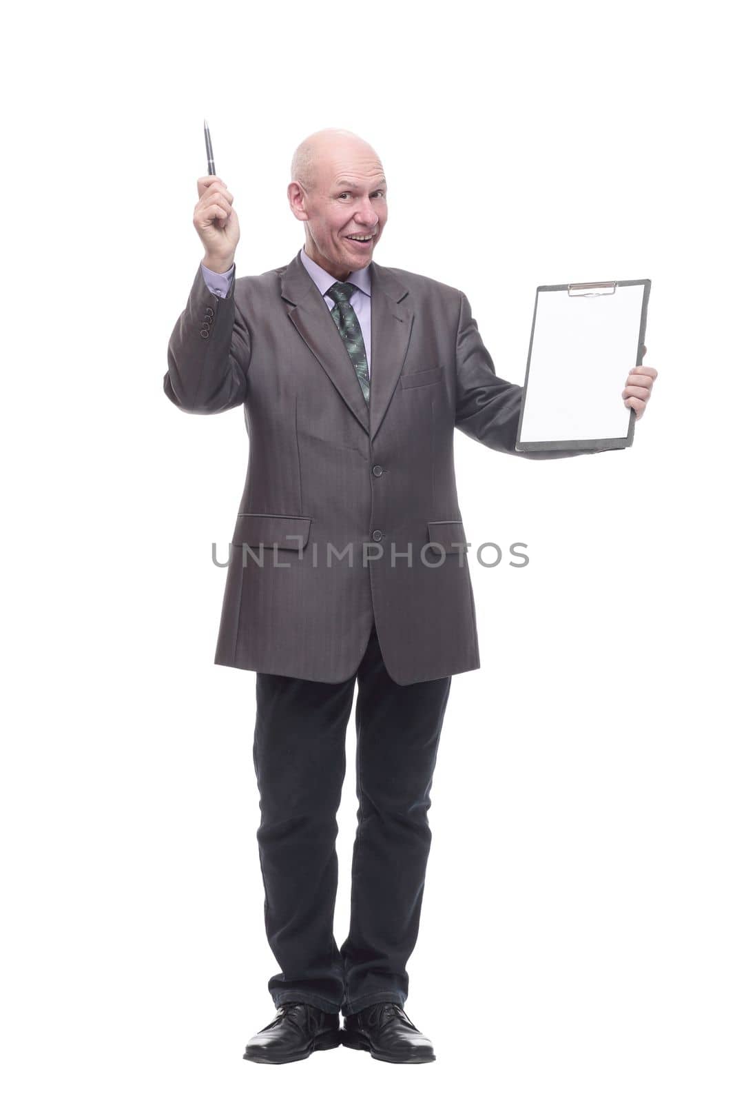 in full growth.Executive business man with clipboard. isolated on a white background.