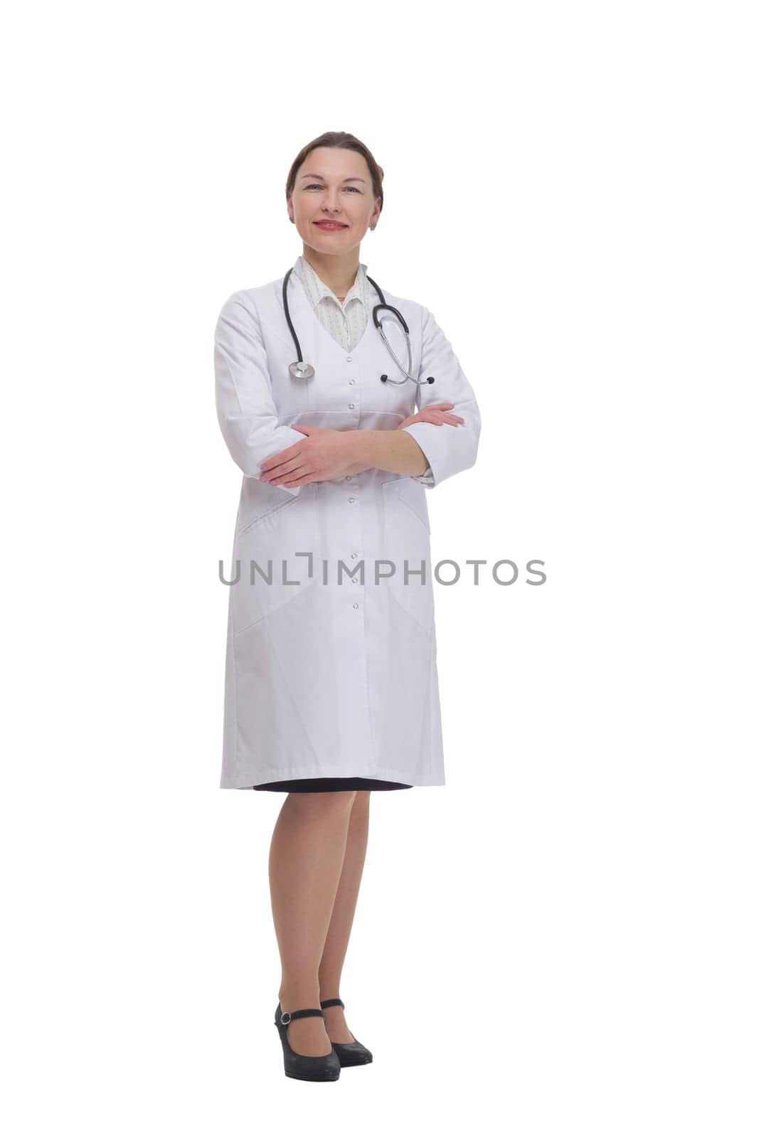 full-length. female doctor with a stethoscope . isolated on a white background.