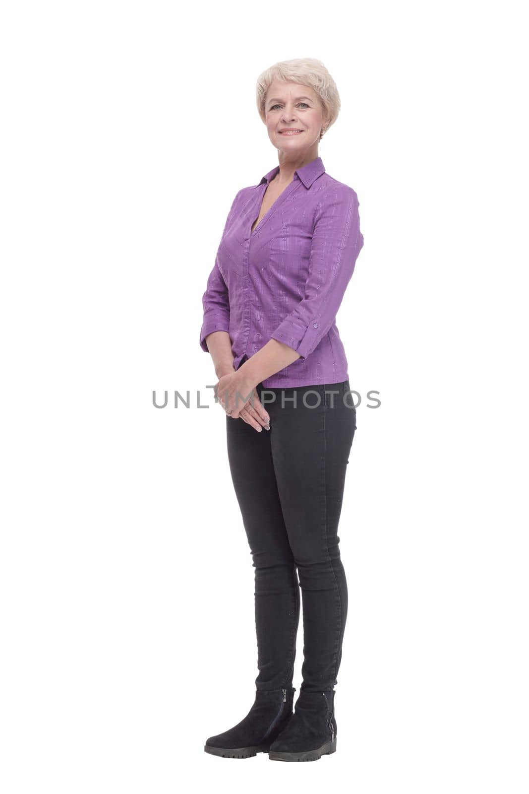 in full growth. attractive mature woman in casual clothing. isolated on a white background.