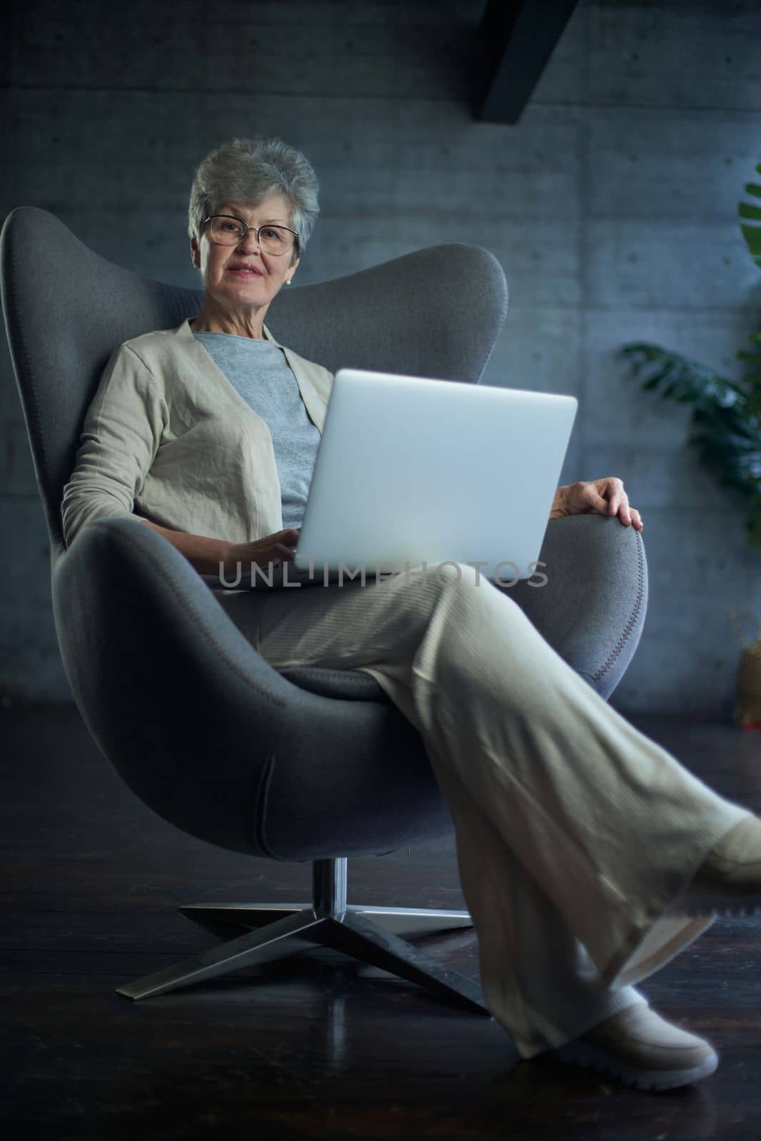 woman sitting in a chair in Art Nouveau style. Business, elegant businesswoman working on laptop . Interior, furniture.