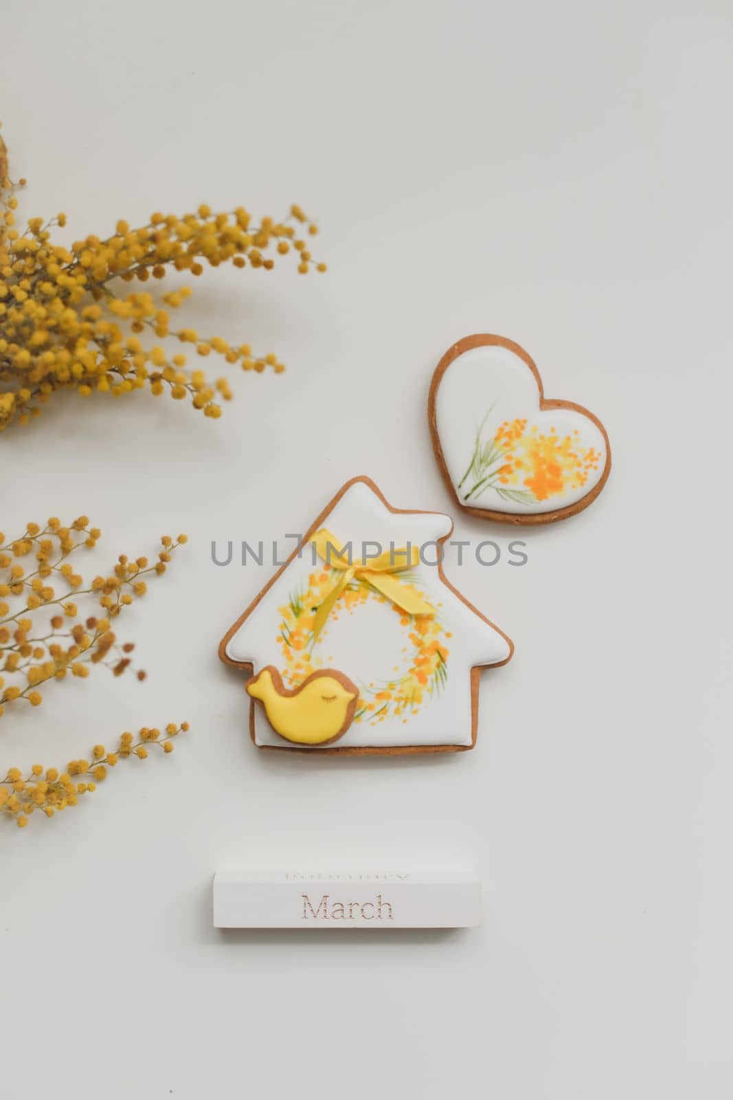 Women's Day, March 8, figure eight, gingerbread, flowers. space for text