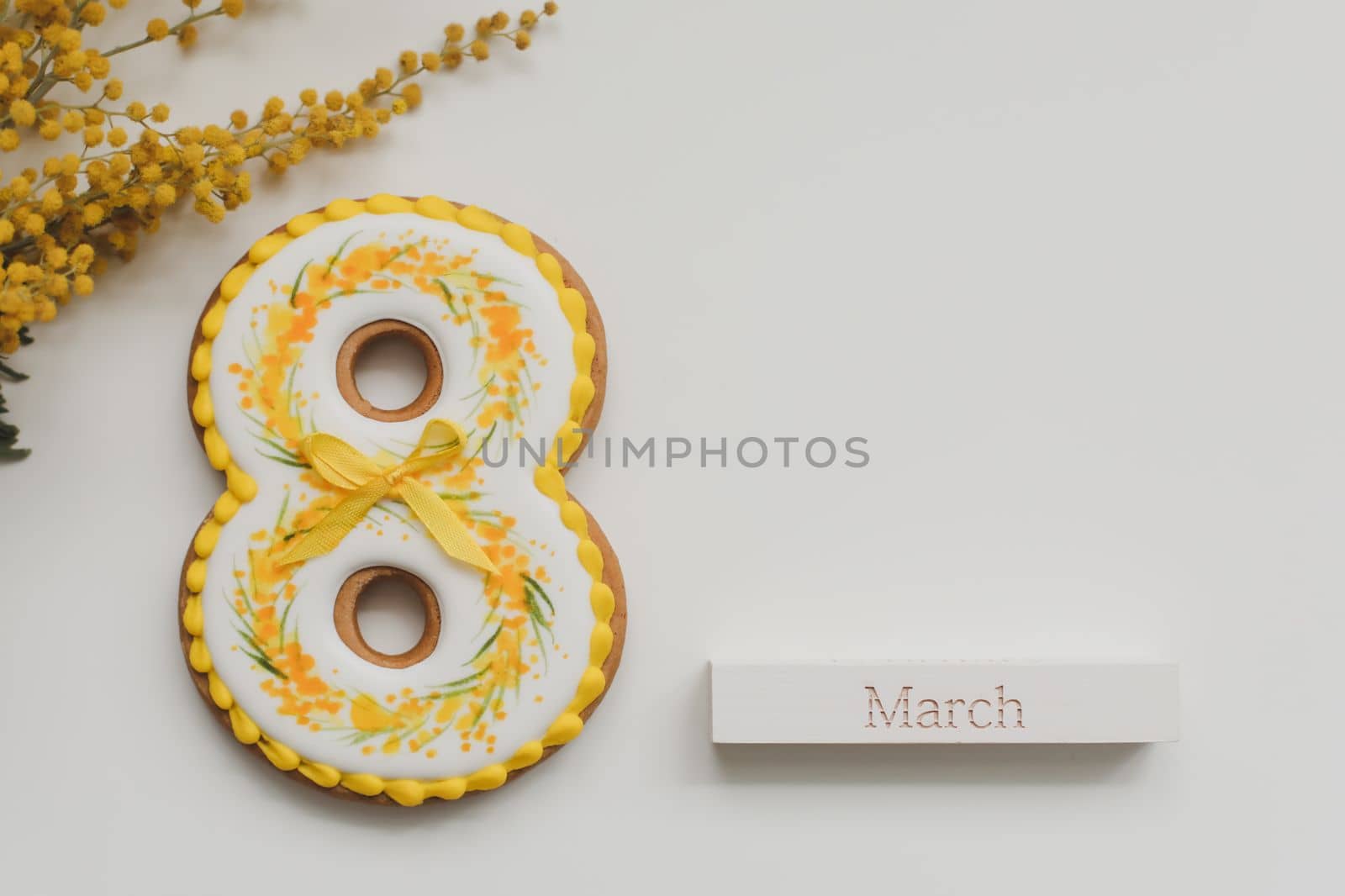 Women's Day, March 8, figure eight, gingerbread, flowers. space for text