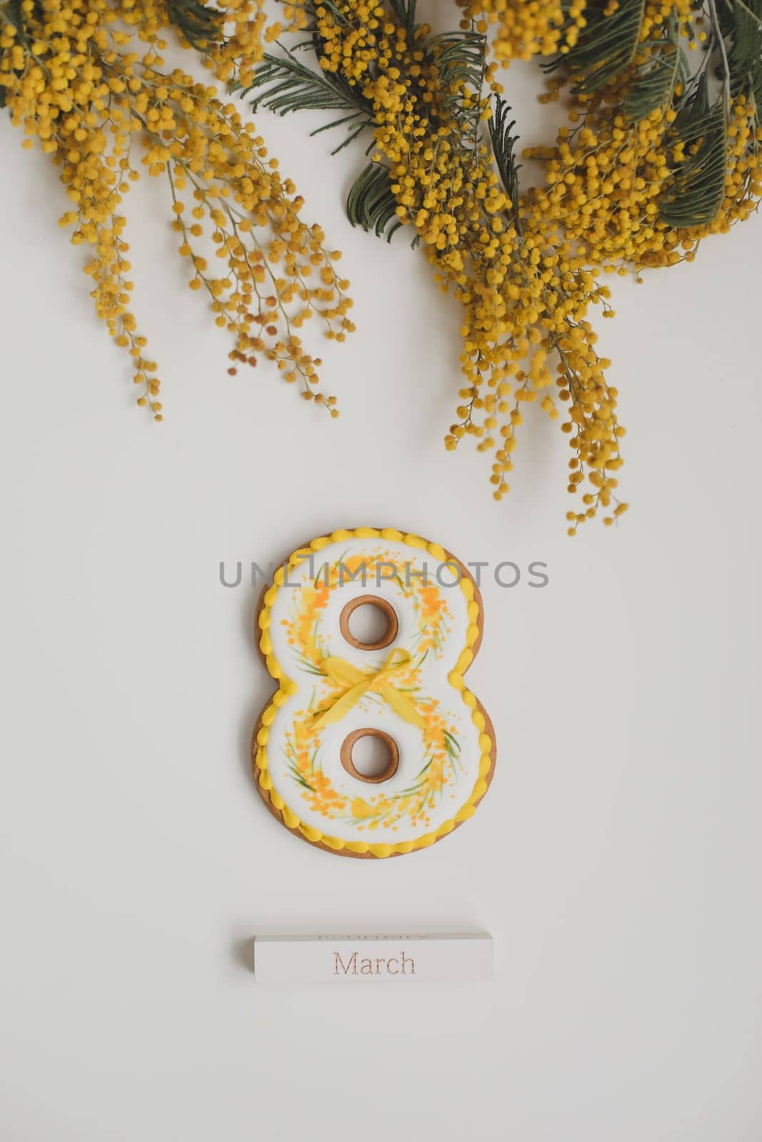 Women's Day, March 8, figure eight, gingerbread, flowers. space for text