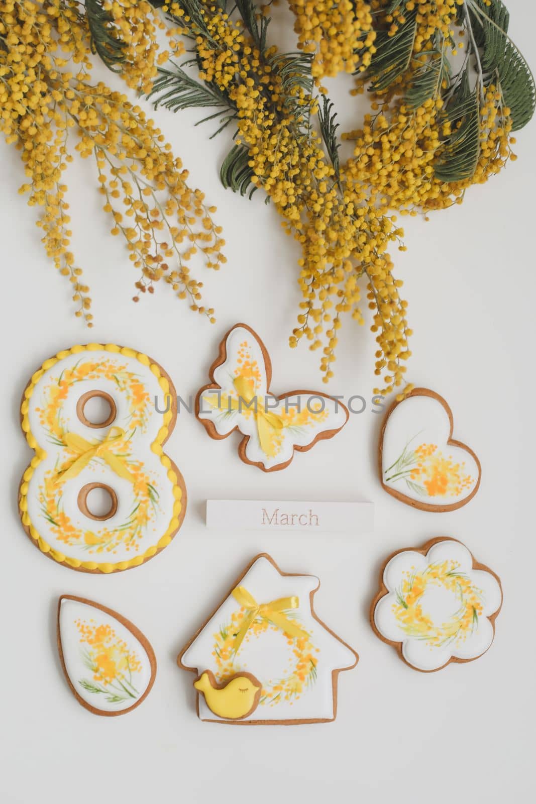 Women's Day, March 8, figure eight, gingerbread, flowers. space for text