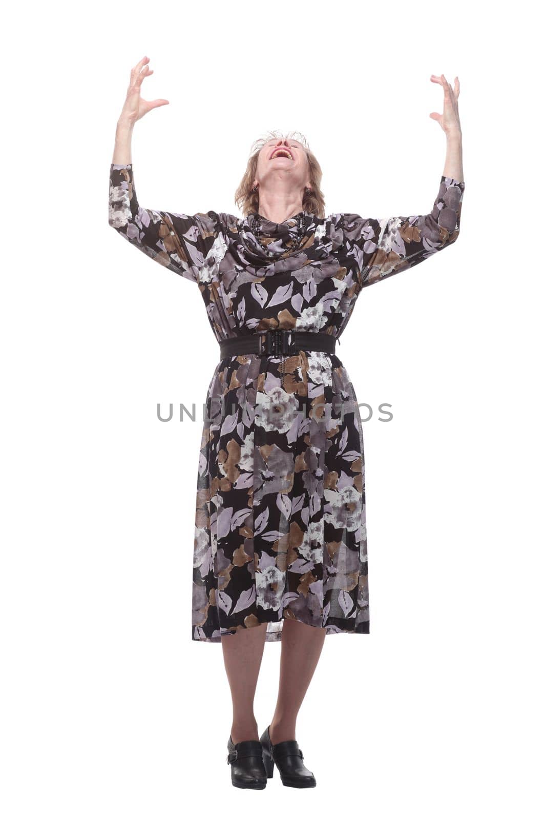 Old adult glad excited cheerful lady smiling, laughing, screaming, raising hands, opened mouth, isolated over white background