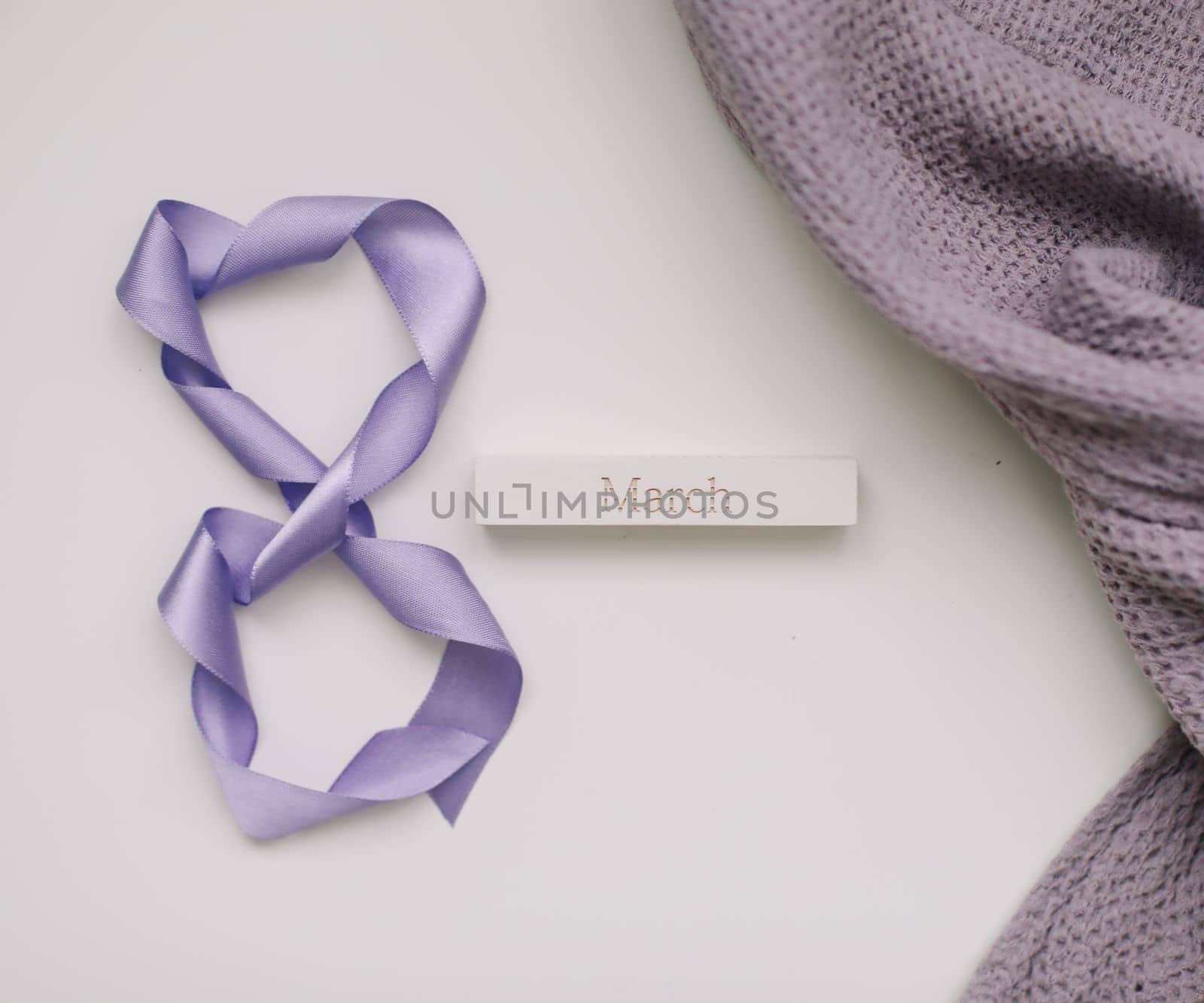 Eight made of violet ribbon. 8 March greeting card template. International Women's day background, banner, poster or brochure.