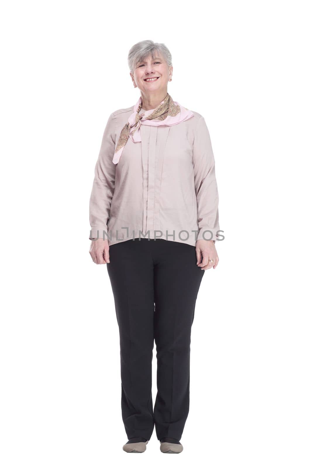in full growth.cute old woman shopper in casual clothes. isolated on a white background.